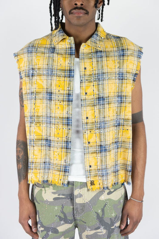 R 3 B E L PLAID SLEEVESS W/ R.STONES