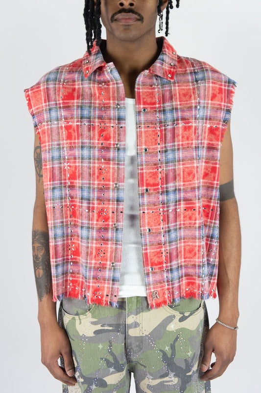 R 3 B E L PLAID SLEEVESS W/ R.STONES