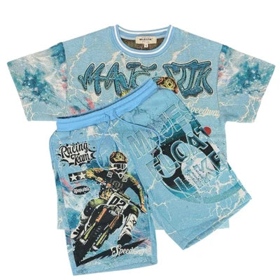 Majestik Sport Department Tapestry Jersey & Short Rhinestone Set (Light Blue)
