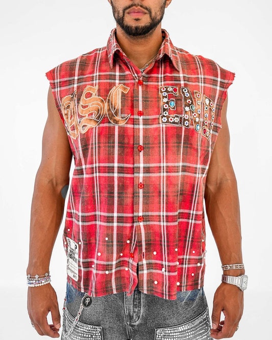 Preme FRAYED MUSCLE YARN DYE PLAID SHIRT WITH APPLIQUE AND COLOR RHINESTONES