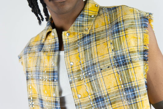 R 3 B E L PLAID SLEEVESS W/ R.STONES