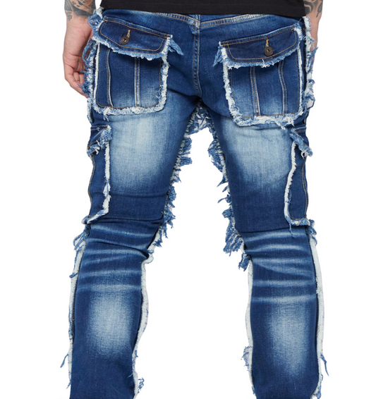 "AERERINE" DARK BLUE WASHED STACKED FLARE JEAN