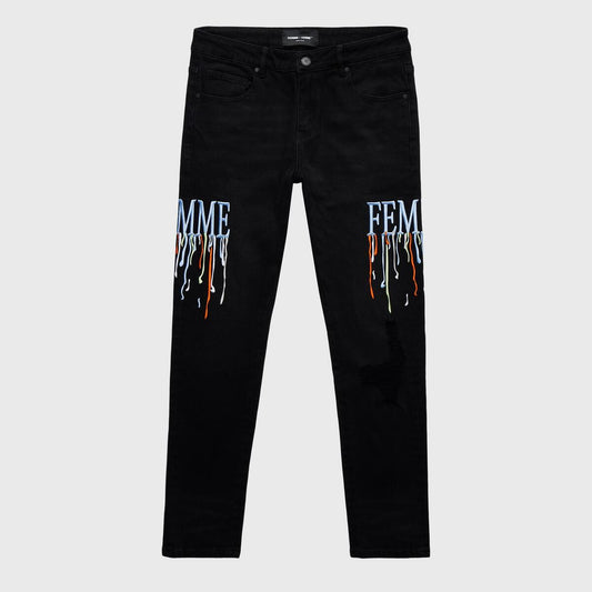 Homme Femme Letterman Drip Denim Black with Blue Letters