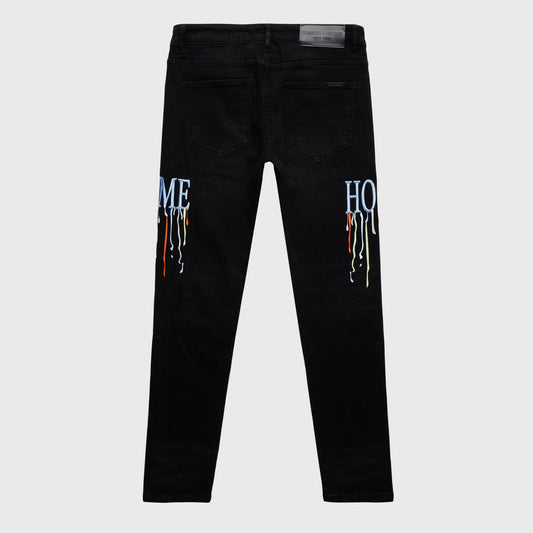 Homme Femme Letterman Drip Denim Black with Blue Letters