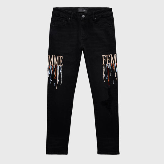 Homme Femme Letterman Drip Denim Black with Brown Letters