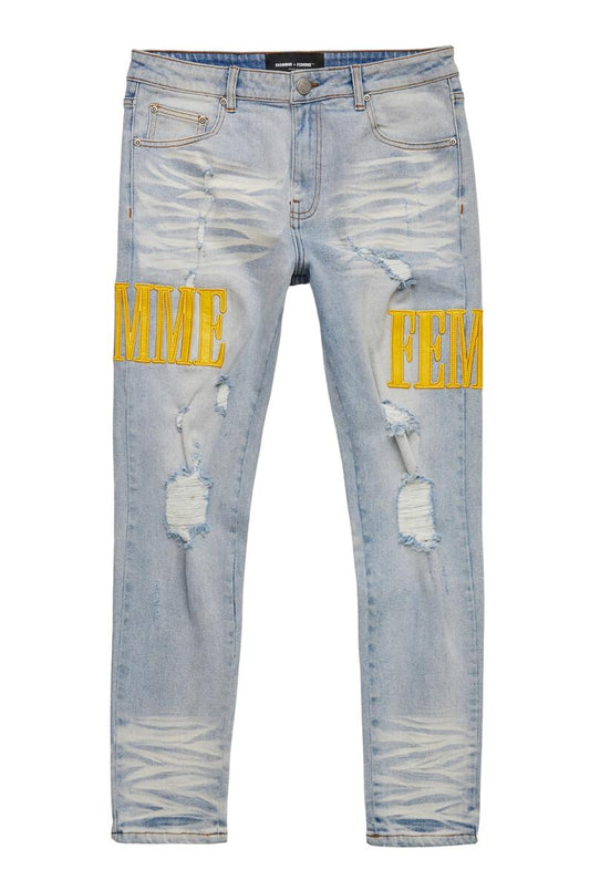 Homme Femme Letterman Denim Blue with Yellow