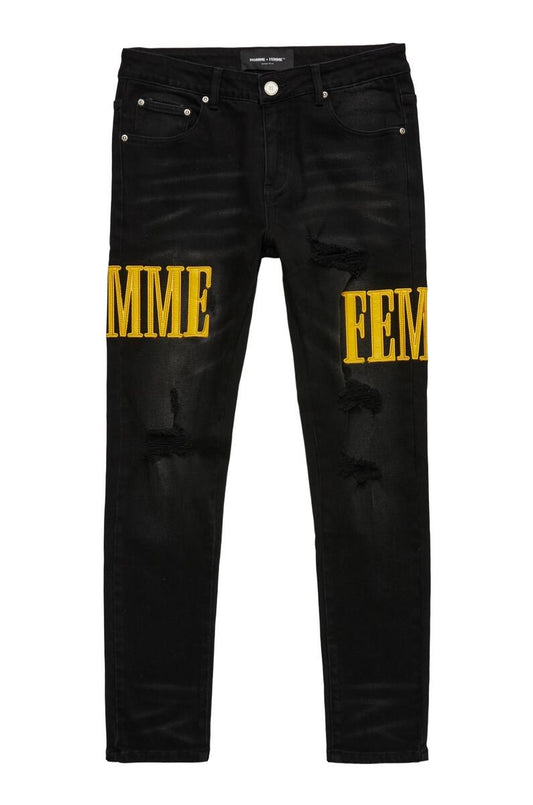 Homme Femme Letterman Denim Black with Yellow