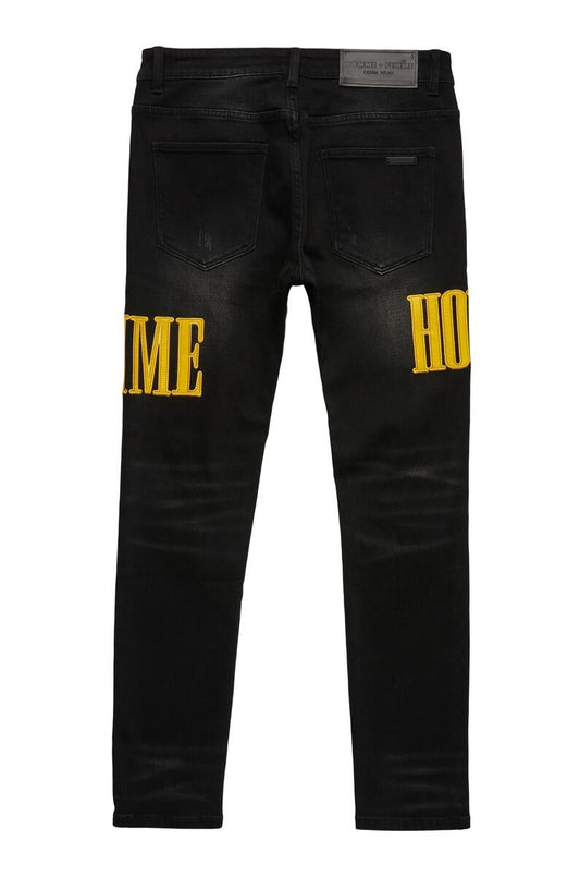 Homme Femme Letterman Denim Black with Yellow