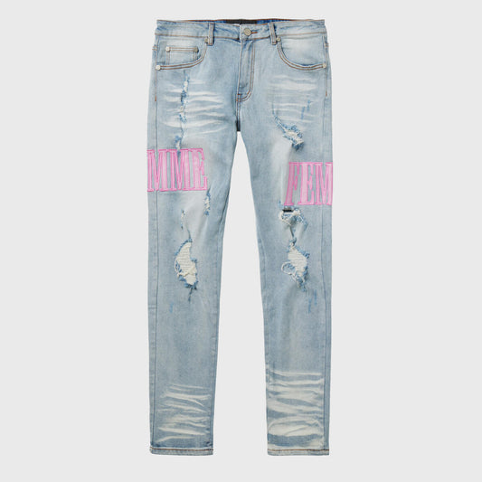 Homme Femme Letterman Denim Blue with Powder Pink