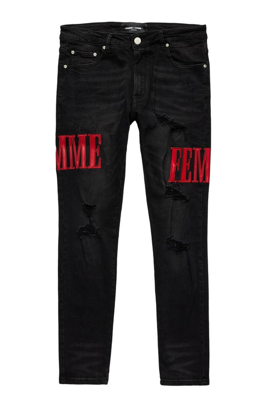 Homme Femme Letterman Denim Black With Red Letters