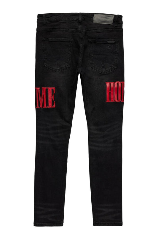 Homme Femme Letterman Denim Black With Red Letters