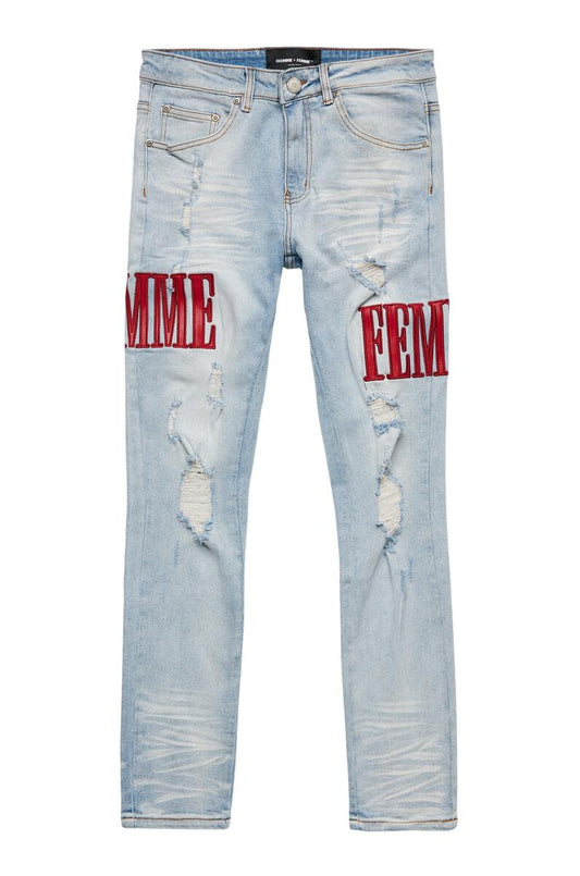 Homme Femme Letterman Denim Blue With Red Letters