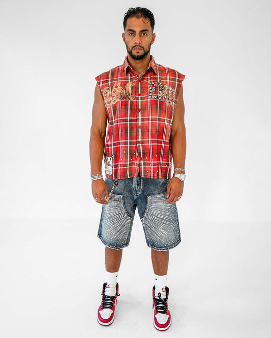 Preme FRAYED MUSCLE YARN DYE PLAID SHIRT WITH APPLIQUE AND COLOR RHINESTONES