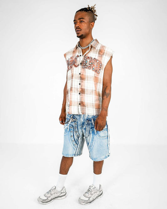 Preme FRAYED MUSCLE YARN DYE PLAID SHIRT WITH APPLIQUE AND COLOR RHINESTONES