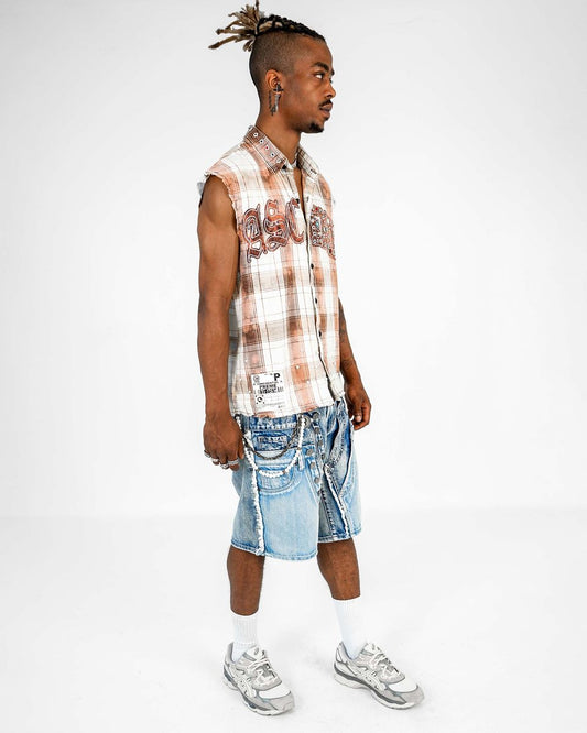 Preme FRAYED MUSCLE YARN DYE PLAID SHIRT WITH APPLIQUE AND COLOR RHINESTONES