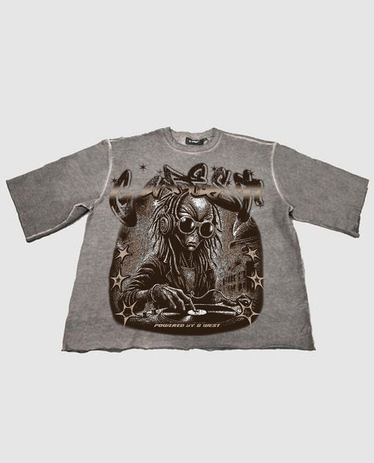 G WEST RHINESTONE 3/4 CROP NO PULSE ,JUST VIBES ACID WASH TEE