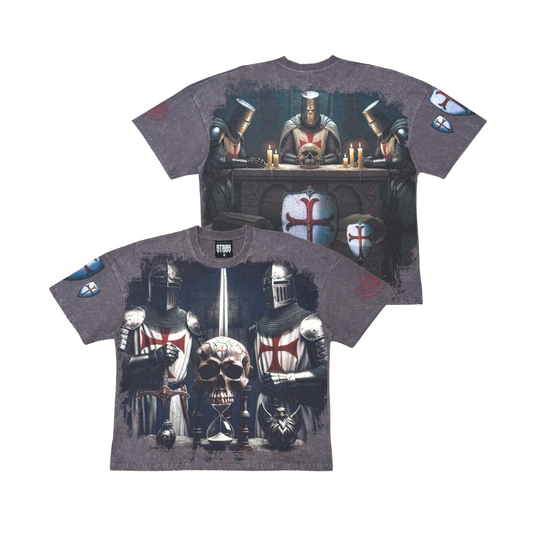 Stray acid washed, digital print metal stud trim tshirt